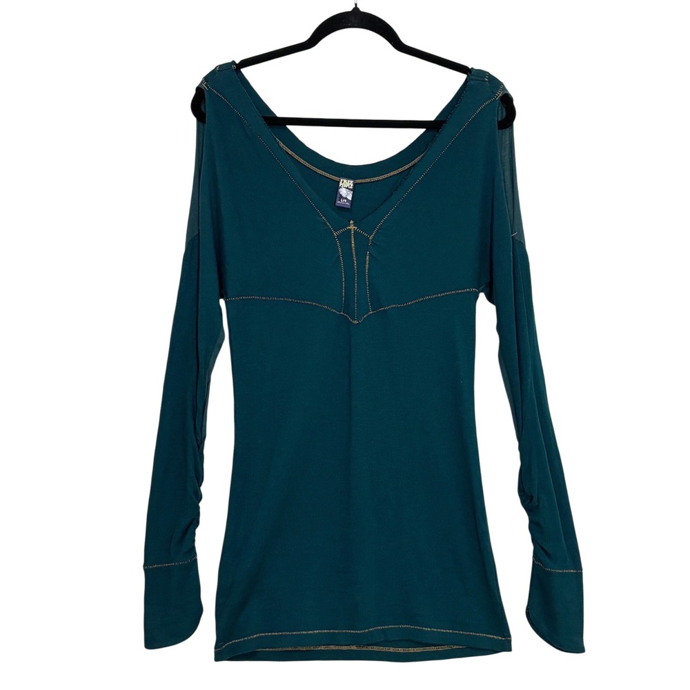 Free People Teal Green Cold Shoulder Long Sleeve Top Gold Stitch Size Large
